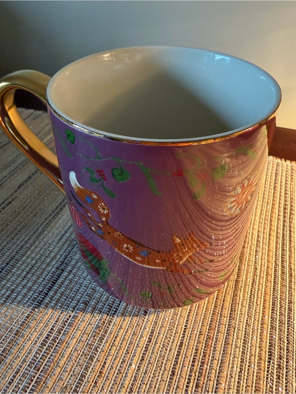 Anthropologie Purple Ceramic Mug with Gold Handle and Floral Detail